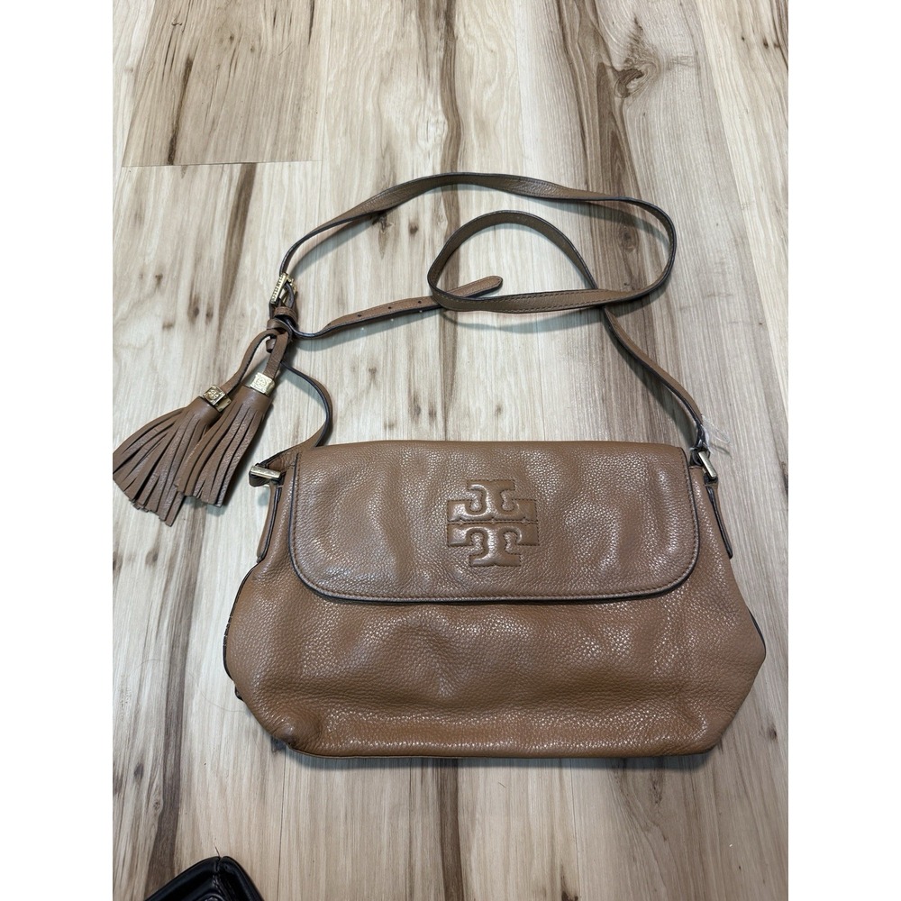 TORY BURCH Logo Crossbody Bag Women Beige Camel Tassel Fringe Charm